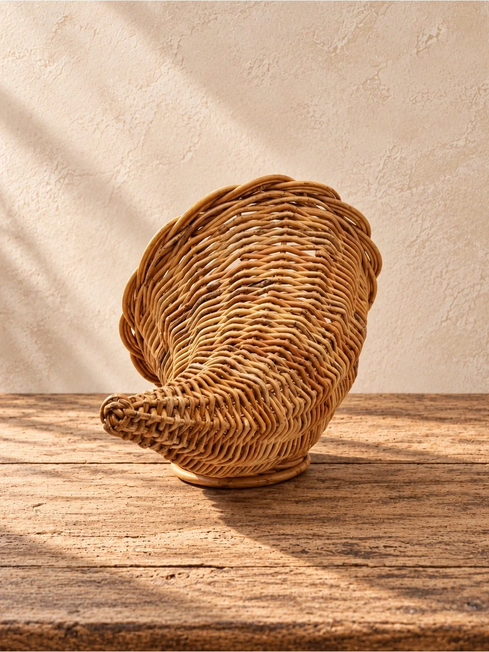 French Country Handwoven Wicker Cornucopia Footed Basket Farmhouse Decor